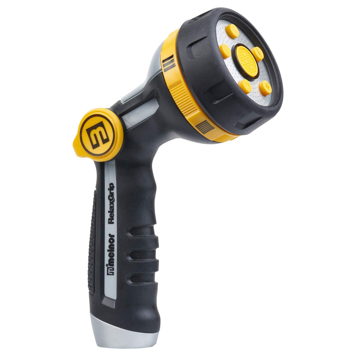 Melnor Relaxgrip thumb control for one-handed spray pattern adjustment.