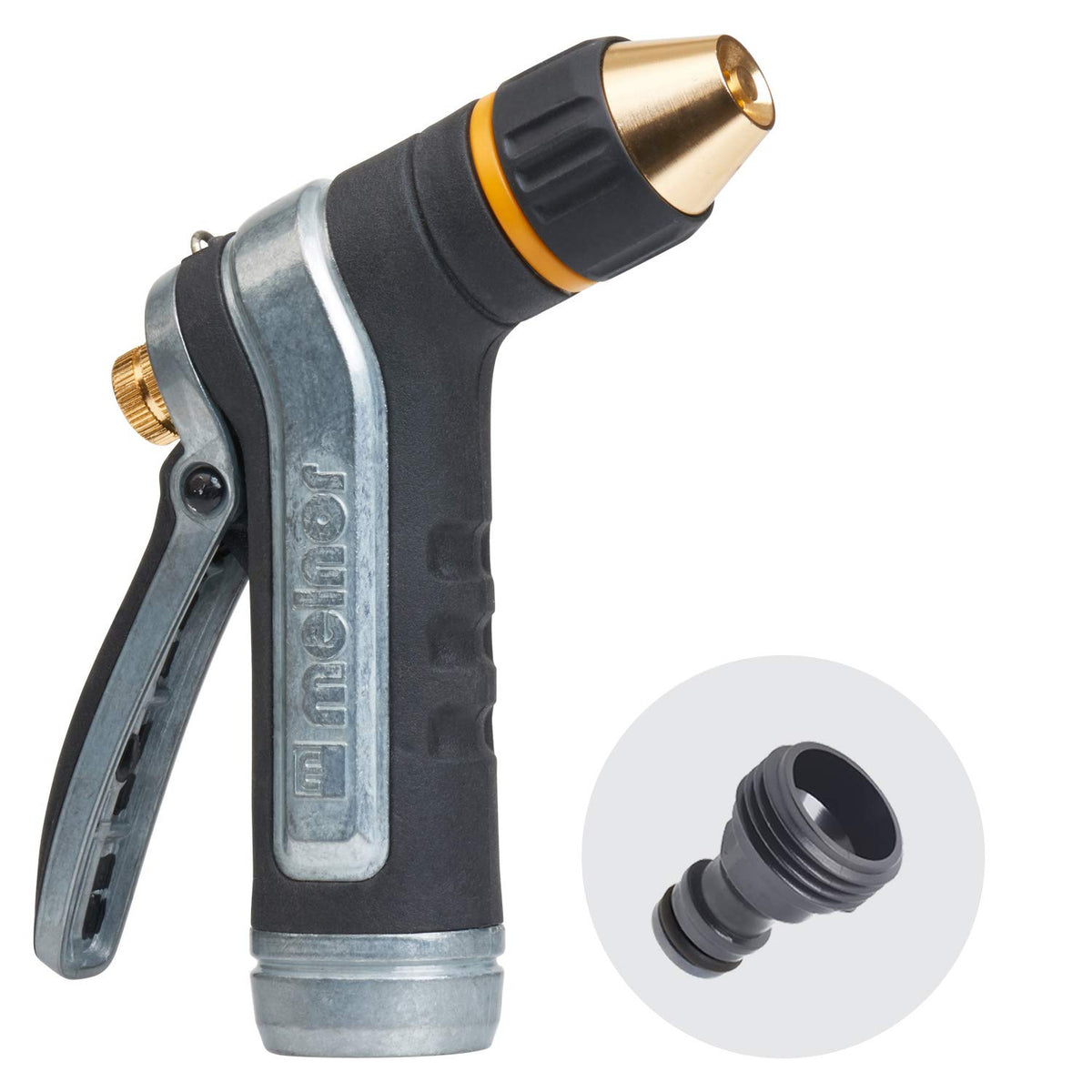 Melnor 65019-AMZ XT metal nozzle with Quick Connect for easy hose tool swaps.