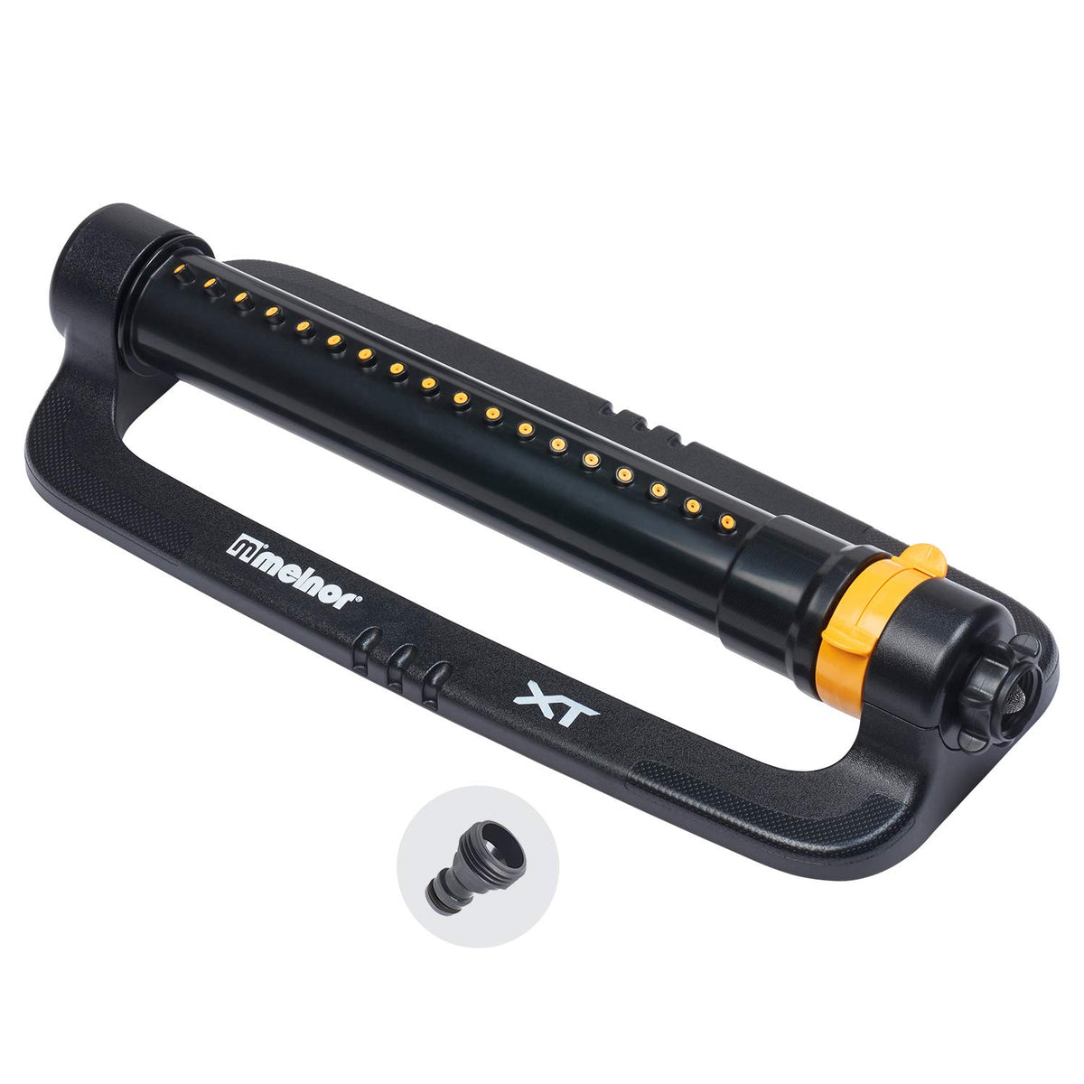 Melnor 65056-AMZ XT Turbo Oscillator shows wide, even coverage for efficient lawn irrigation.