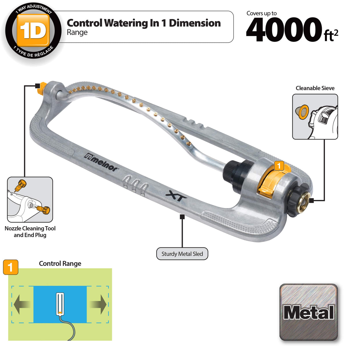 Durable metal construction from Melnor XT sprinkler withstands heavy use.
