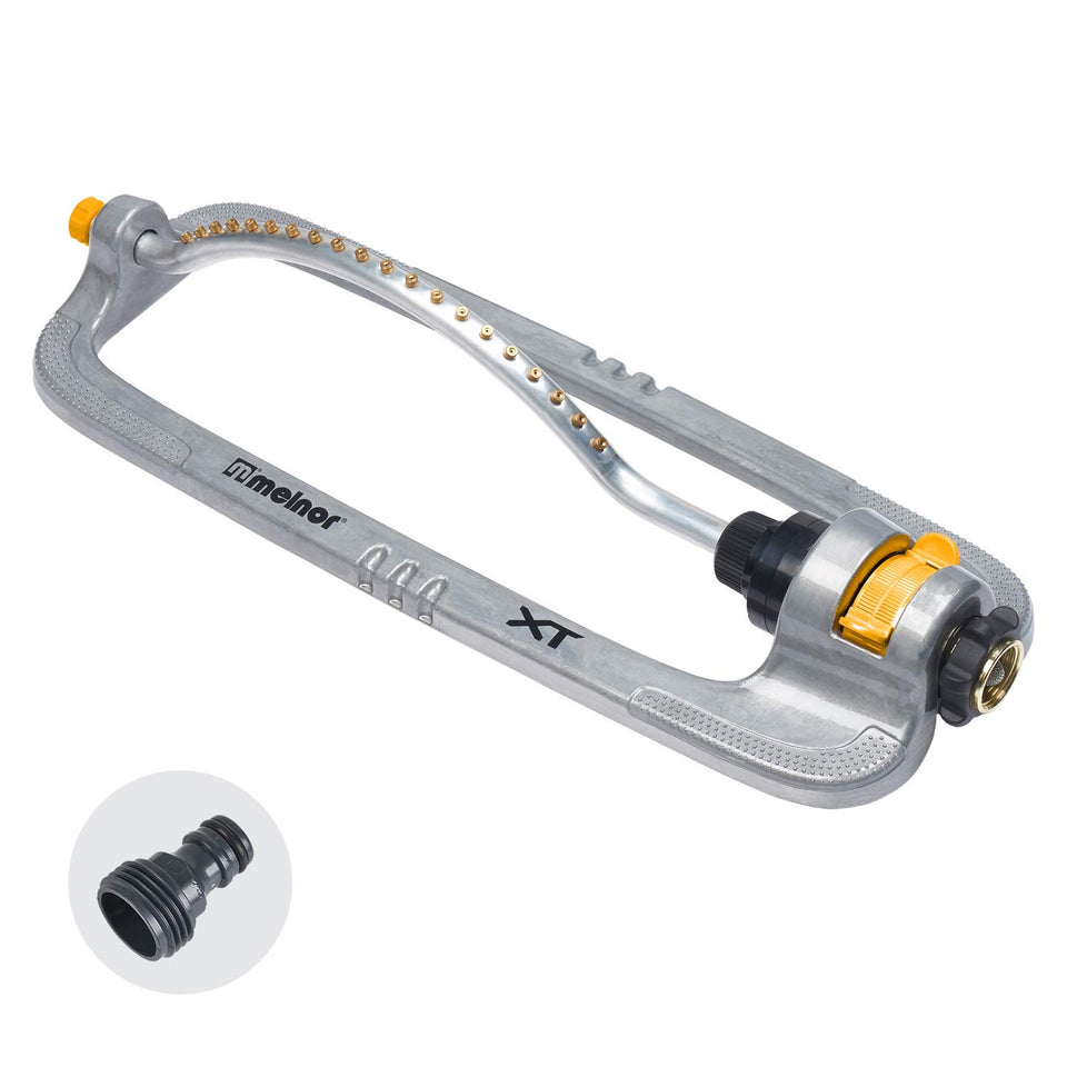 Melnor 65118-AMZ XT sprinkler with brass nozzles for gentle, even coverage.