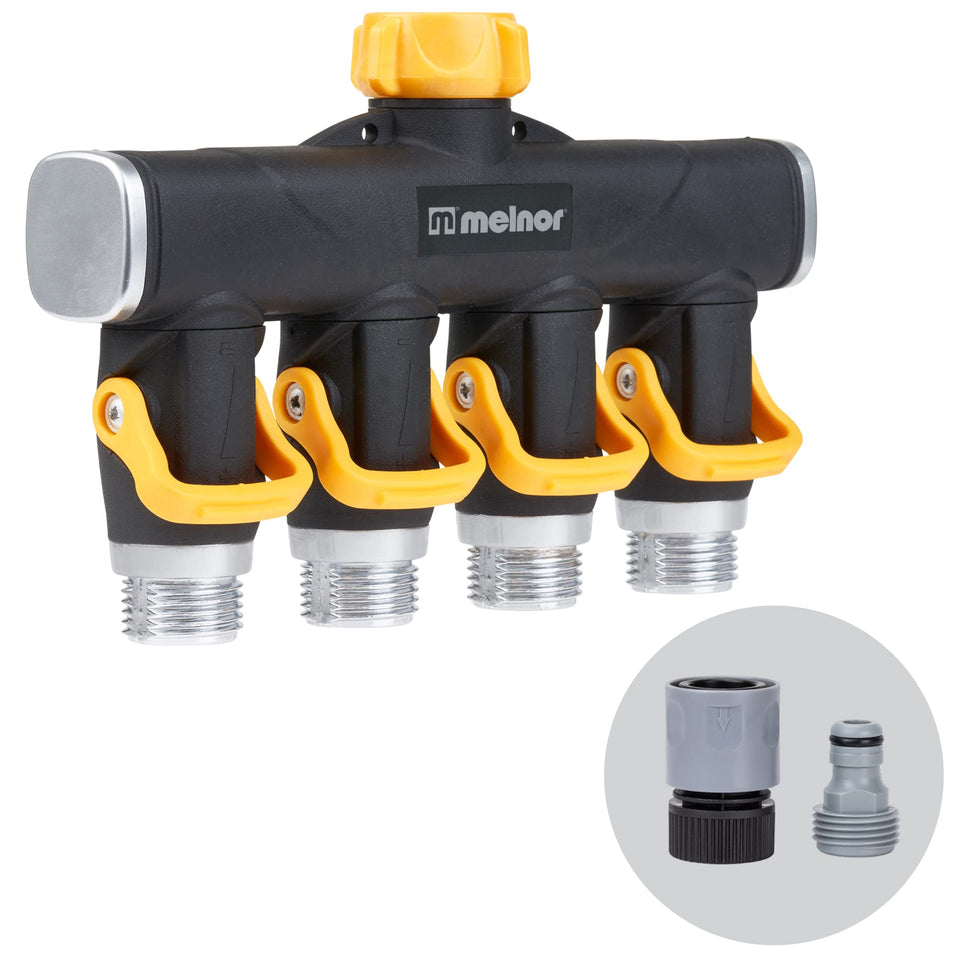 Melnor 65135AMZ front view shows four high-flow outlets for yard irrigation.