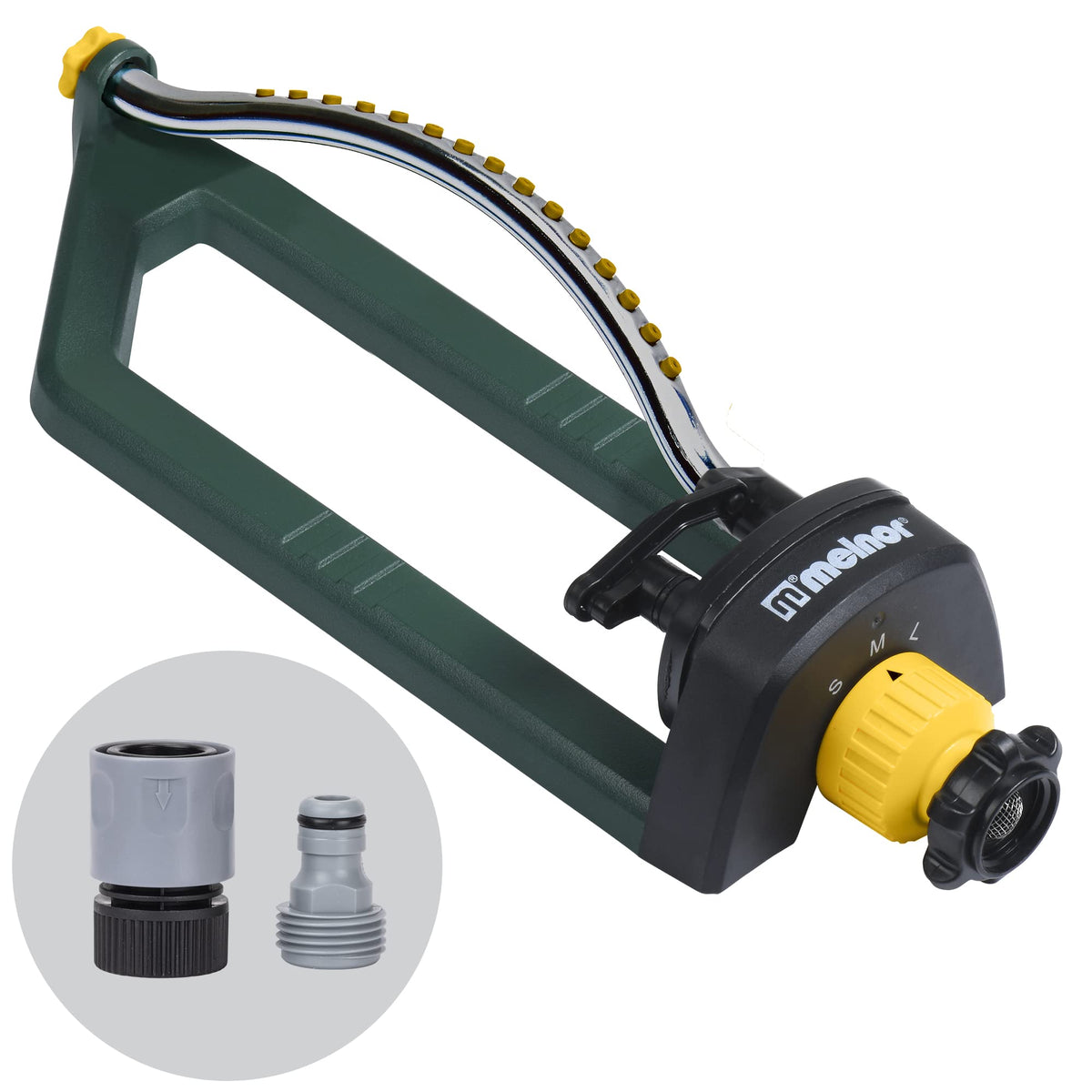 Melnor 65151AMZ oscillating sprinkler front view for broad lawn coverage.