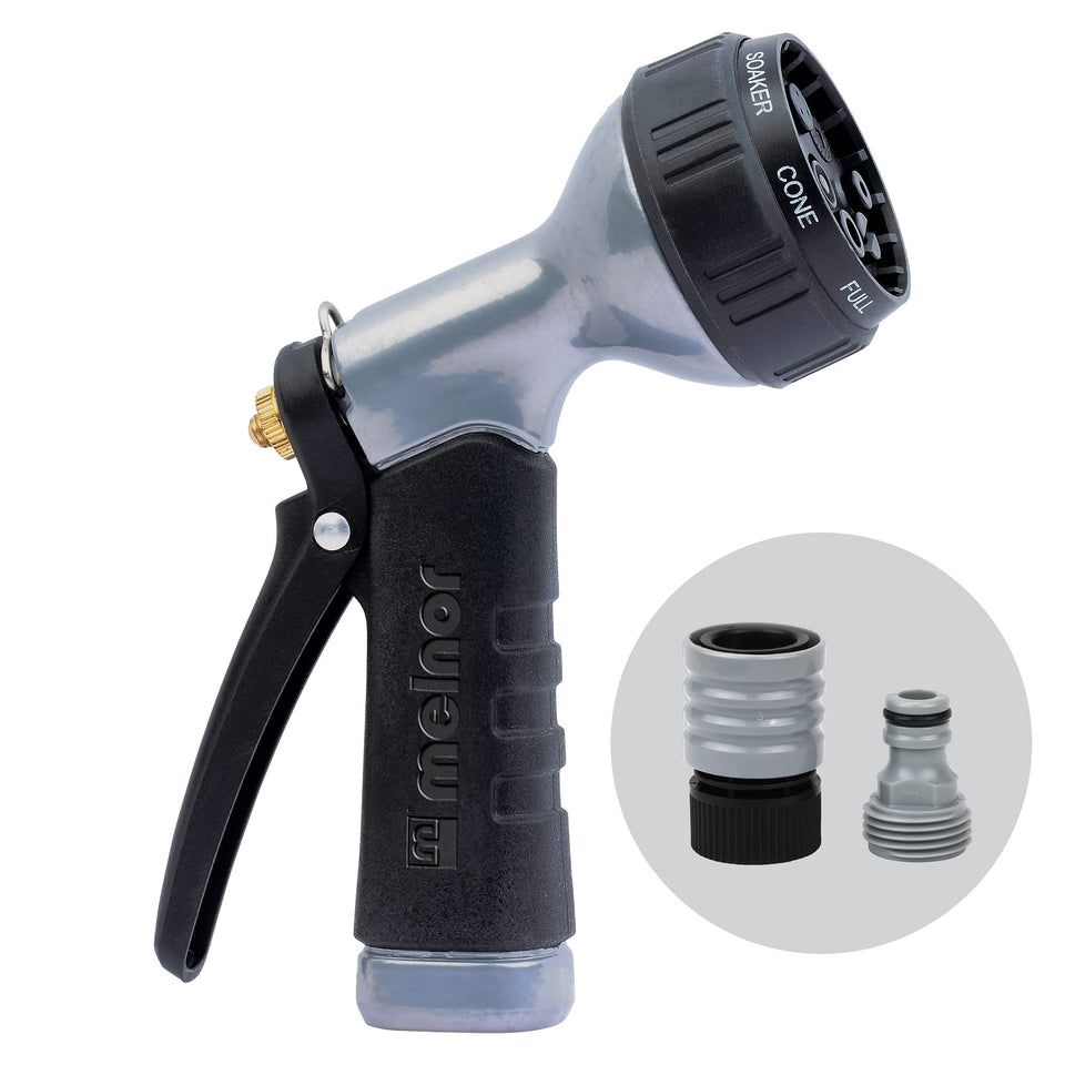 Melnor 65156AMZ small metal nozzle with seven-pattern spray for precise watering.
