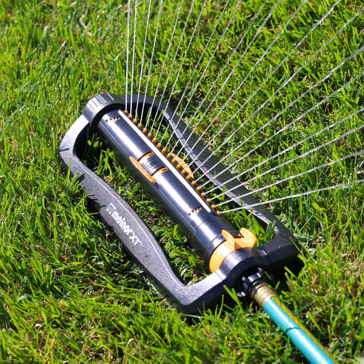 Melnor XT Turbo Sprinkler watering range adjustment in action