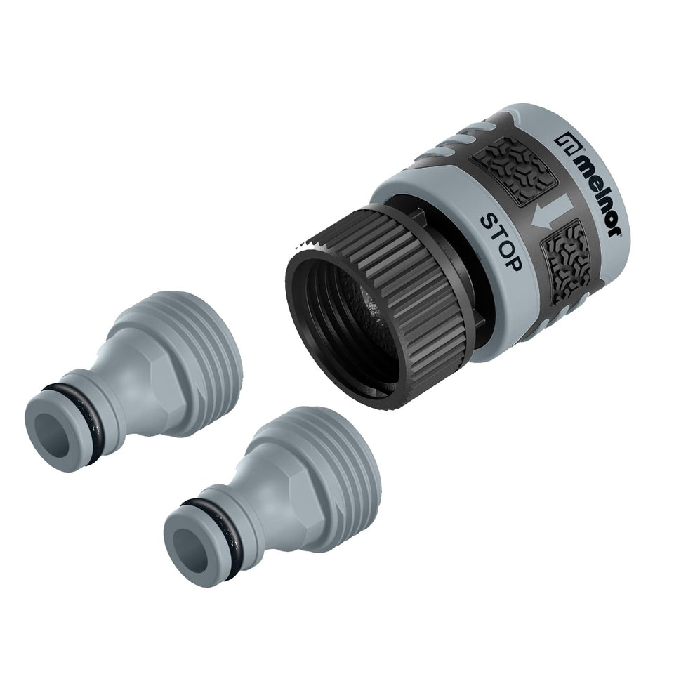 Melnor 65180AMZ adapter for QuickConnect enables quick, secure tool swaps during watering.