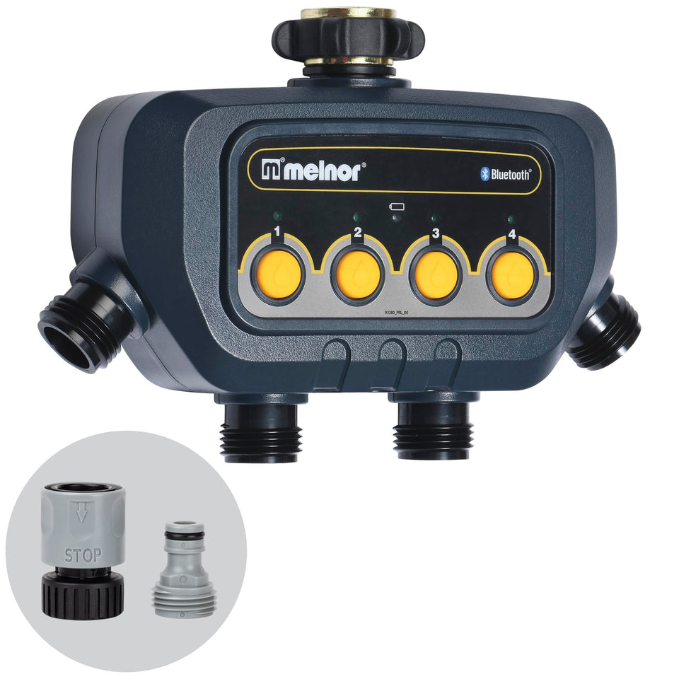 Melnor 65184AMZ Bluetooth timer four-zone control for flexible watering scheduling.