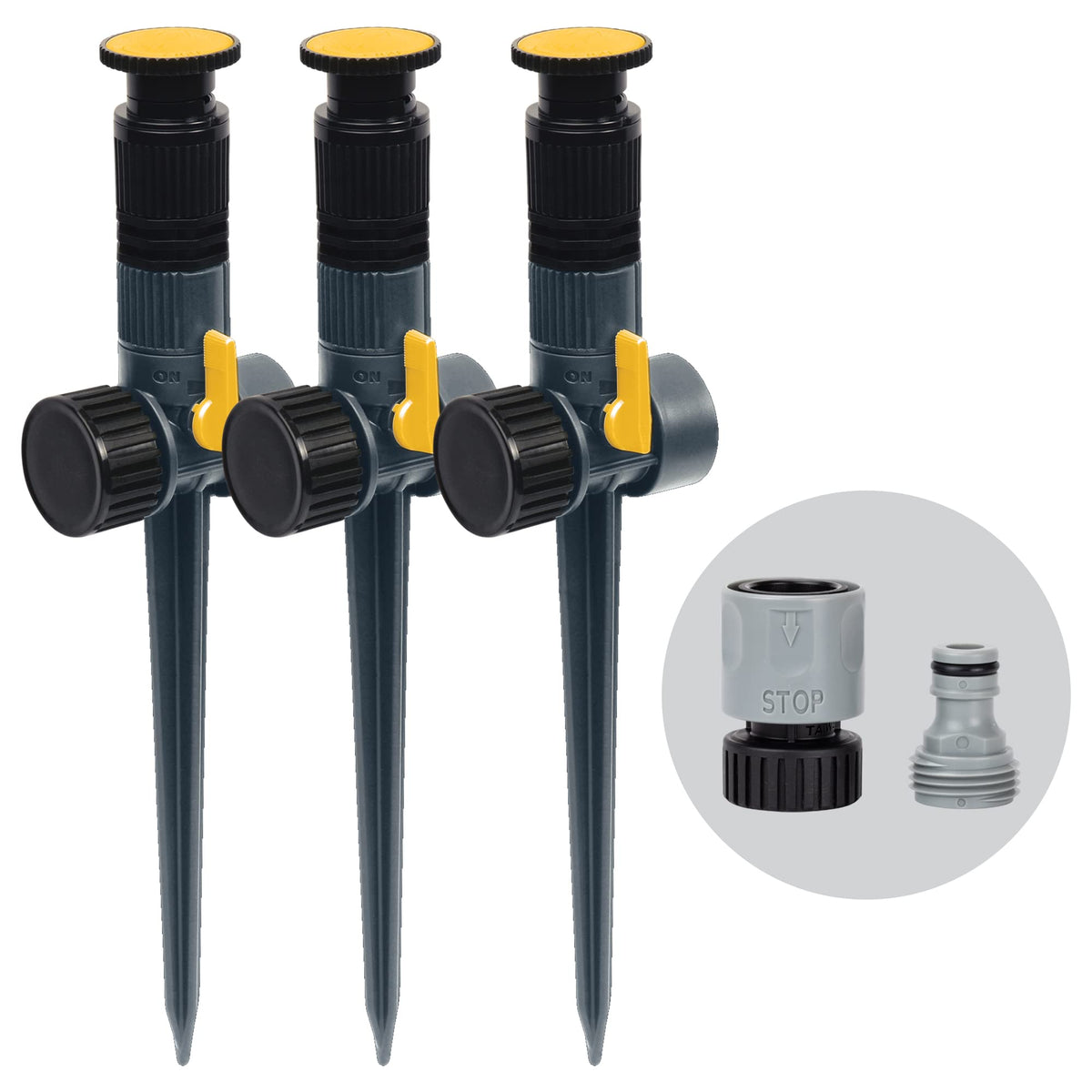 Melnor 65185AMZ multi-adjustable spike sprinkler angled for precise lawn coverage.