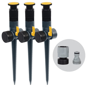 Melnor 65185AMZ multi-adjustable spike sprinkler angled for precise lawn coverage.