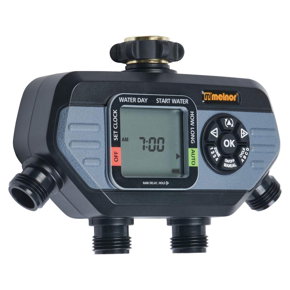 Melnor 73280 digital hose timer display for easy daily cycle programming.
