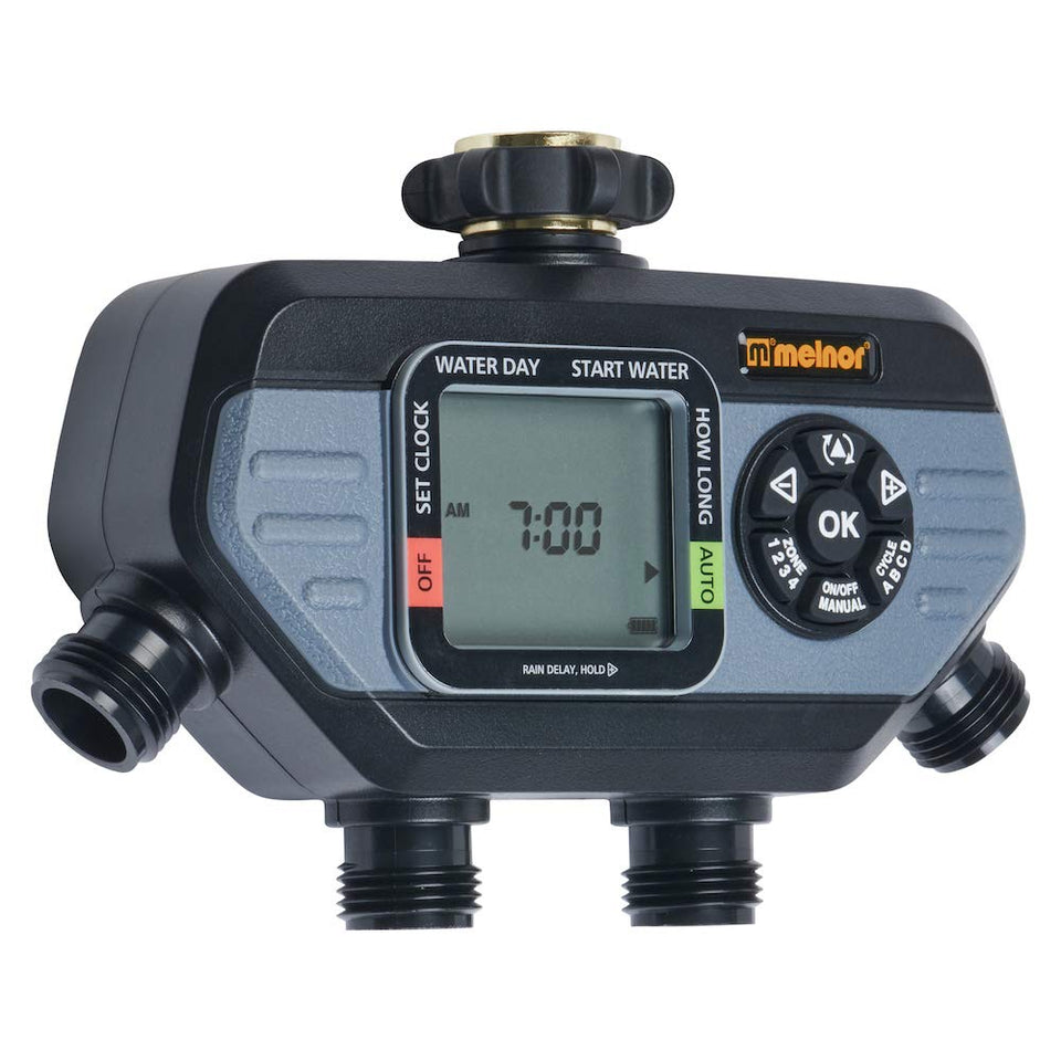 Melnor 73280 digital hose timer display for easy daily cycle programming.