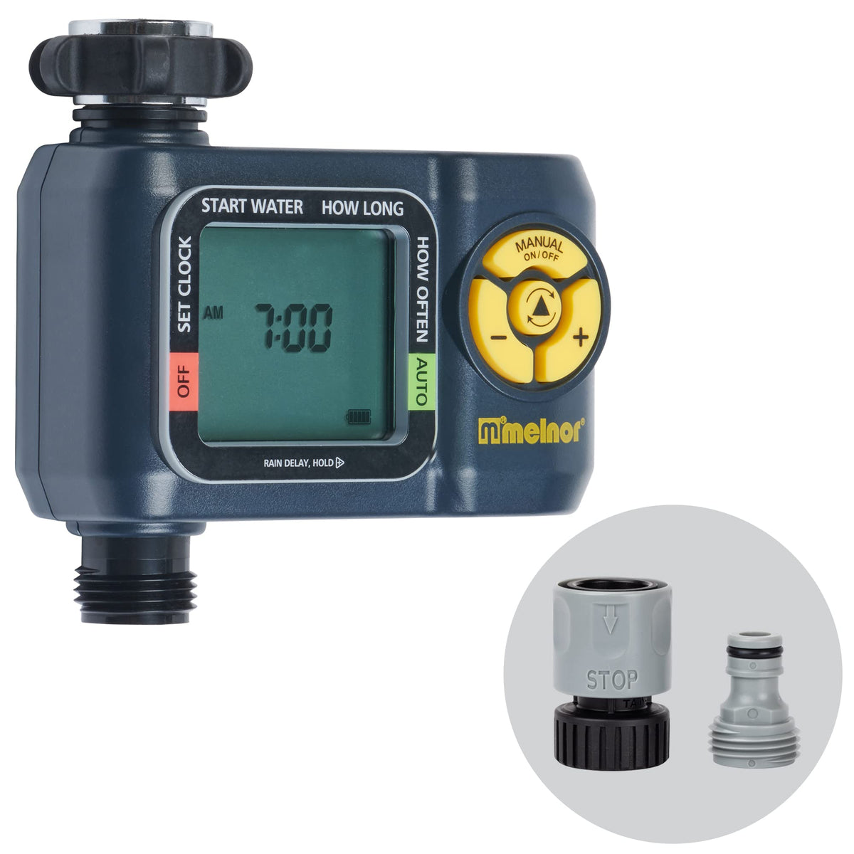Melnor AquaTimer digital timer unit enabling automated watering.