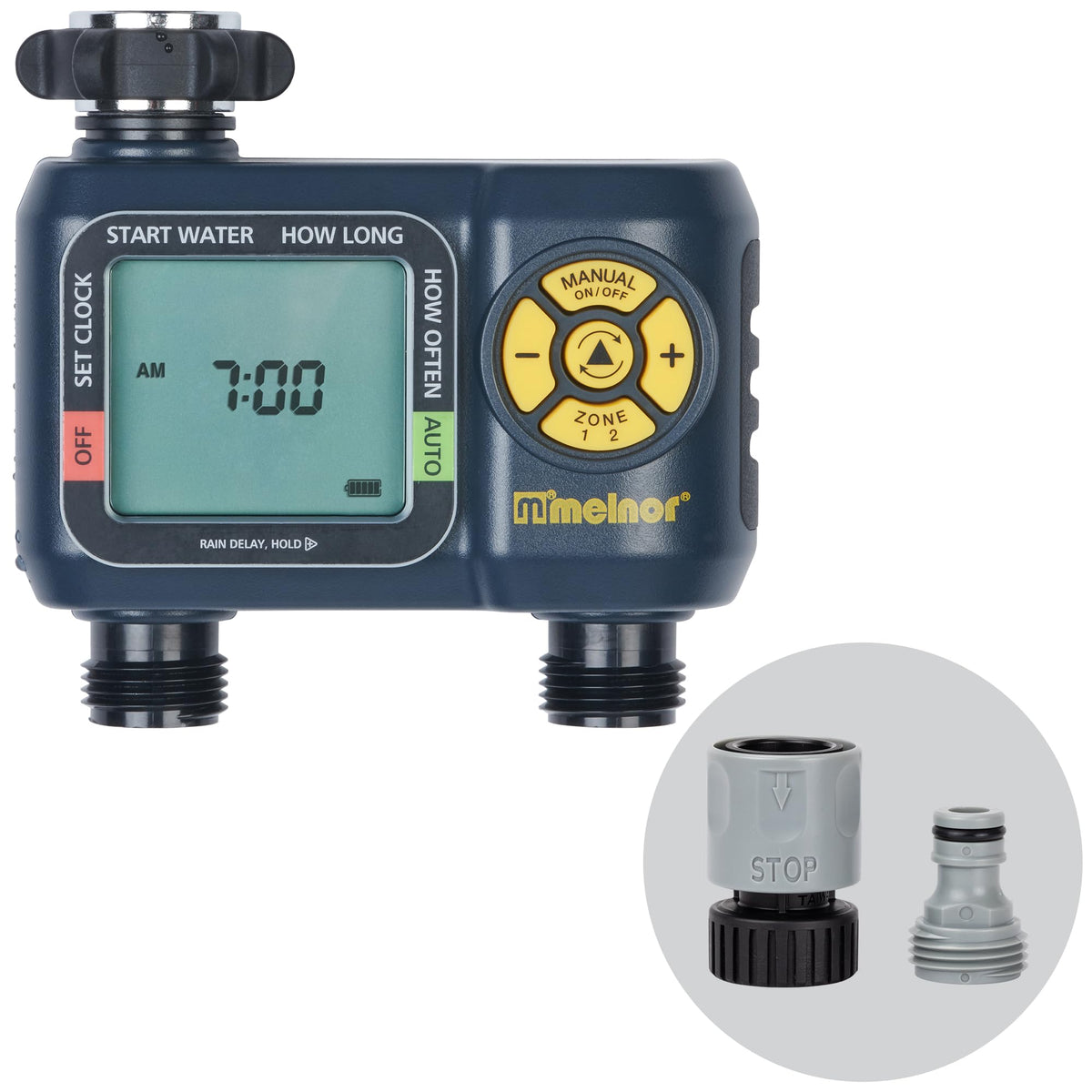 Melnor AquaTimer front view with dual-zone control for separate yard areas