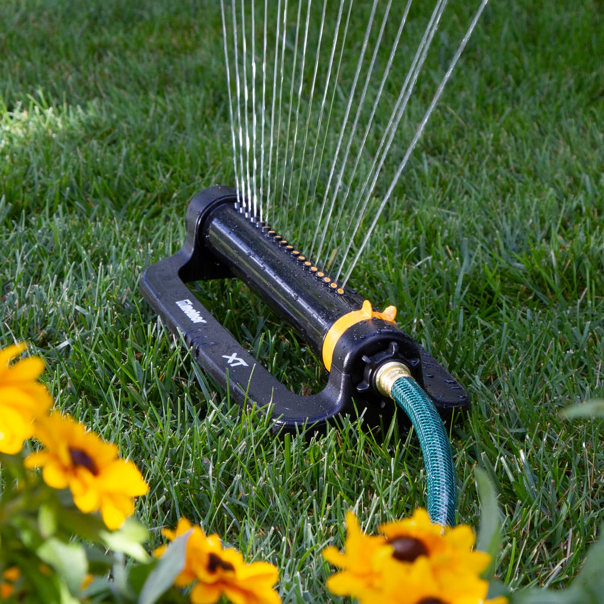 Melnor coverage up to 4,000 sq ft with adjustable range for lawn zones.