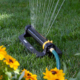Melnor coverage up to 4,000 sq ft with adjustable range for lawn zones.