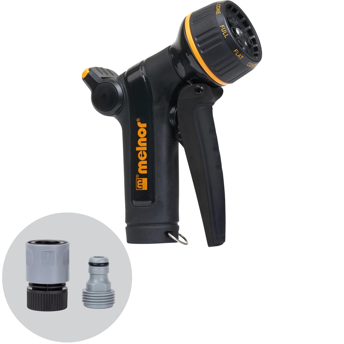 Melnor front trigger nozzle with 8 patterns for versatile lawn and car washing