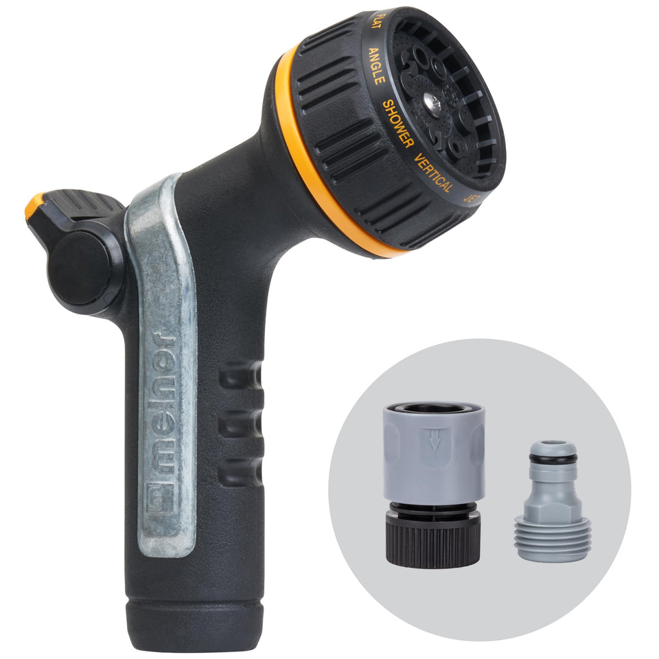 Melnor heavyweight metal nozzle with quick-connect for durable watering tasks.