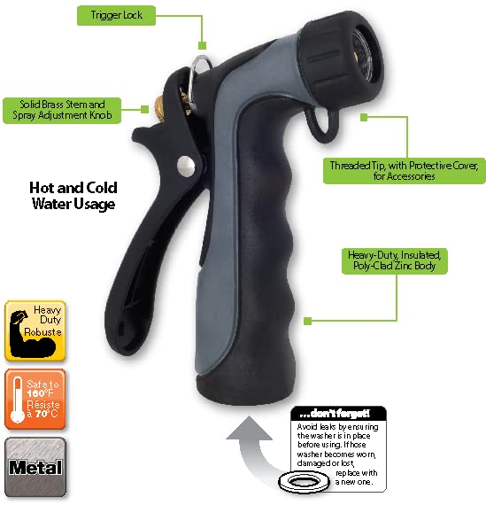 Melnor nozzle showing adjustable spray for gentle to strong flows.