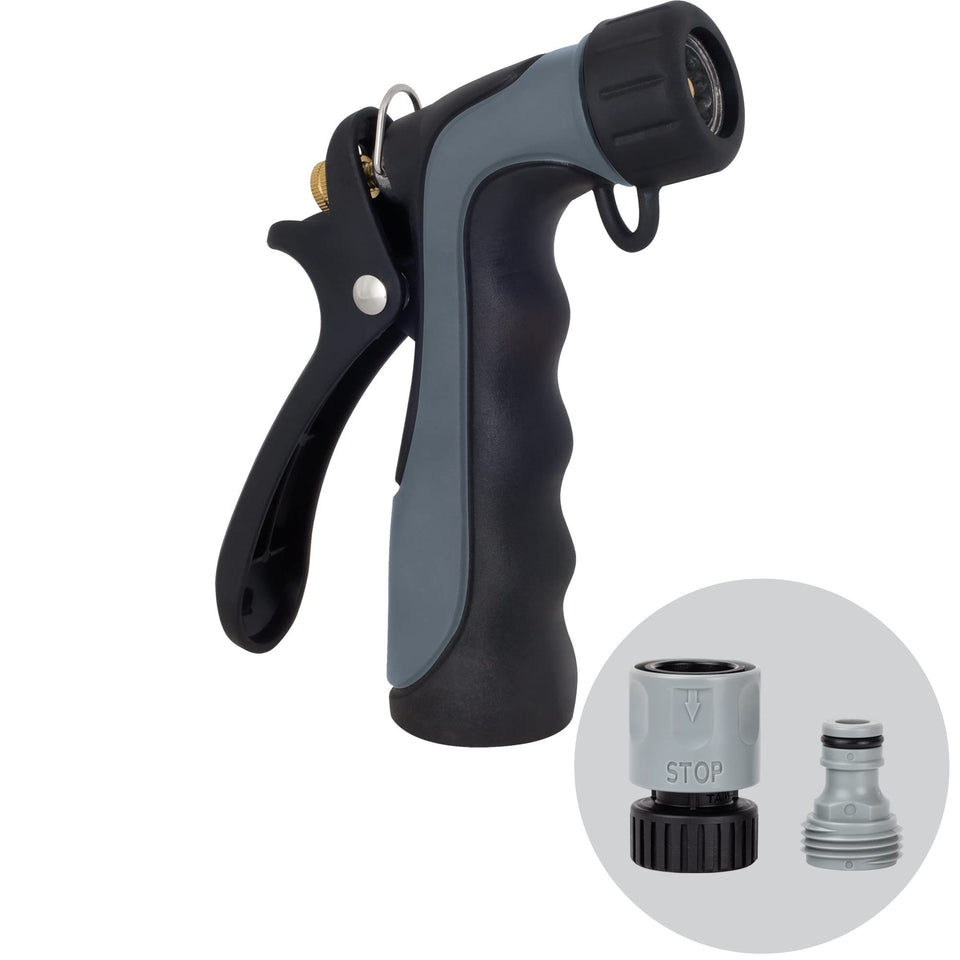Melnor hot water nozzle with ergonomic insulated grip for temperature control.