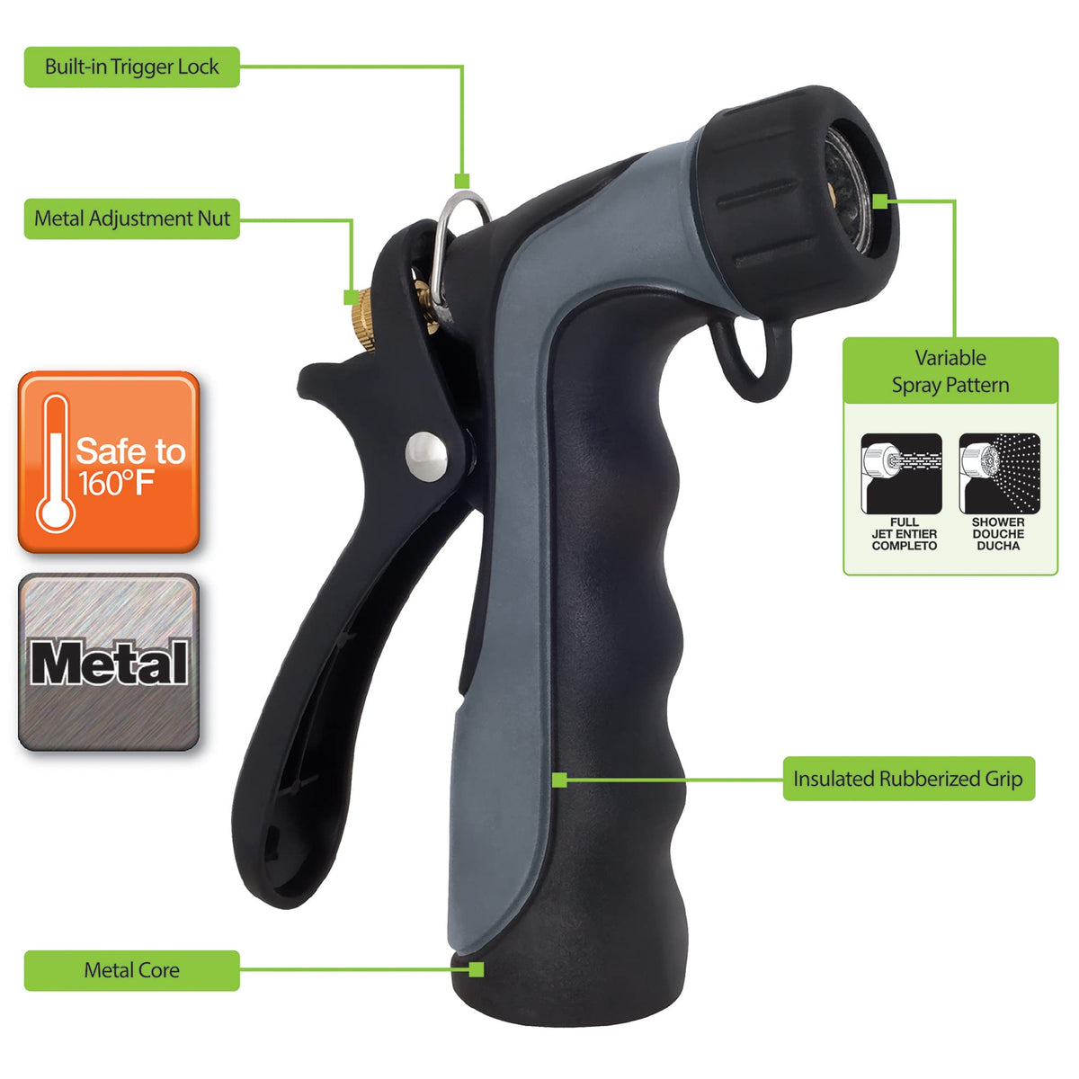 Melnor nozzle featuring a metal core and rugged grip for durability.