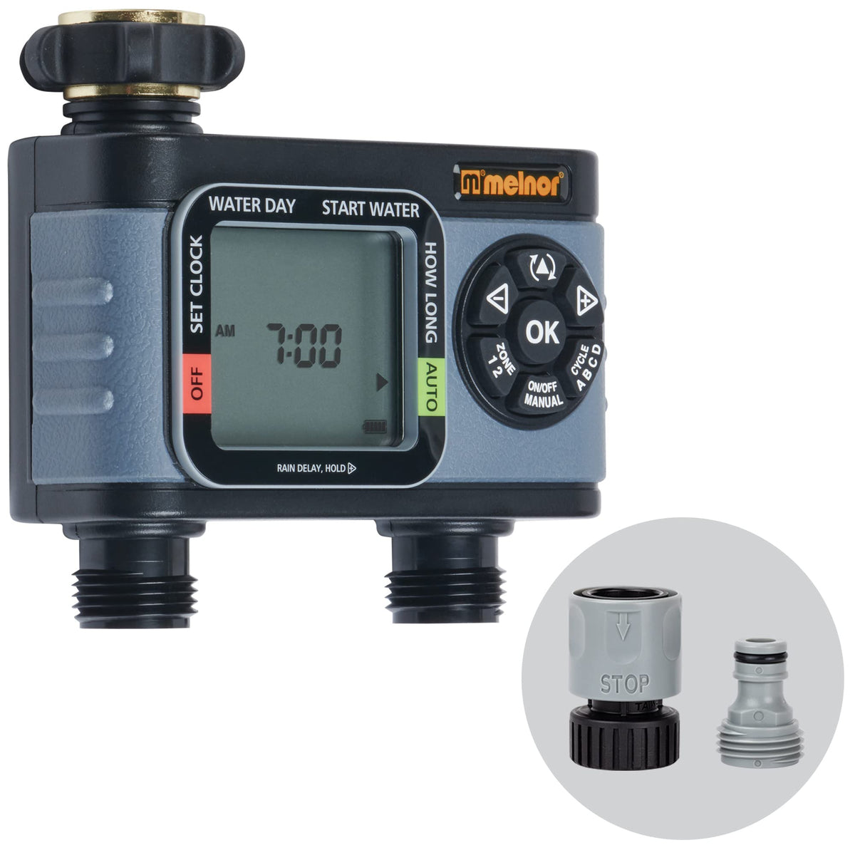 Melnor HydroLogic timer front panel with clear display for quick setup and reliable watering.