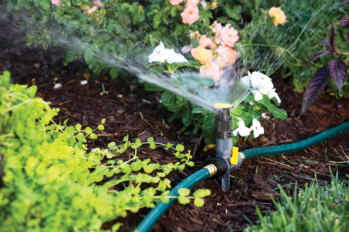 Melnor lawn sprinkler angle adjustment from 5 to 360 degrees for targeted coverage.