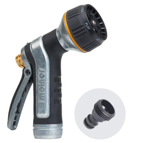 Melnor metal nozzle with quick connect and multi pattern spray for versatile watering.