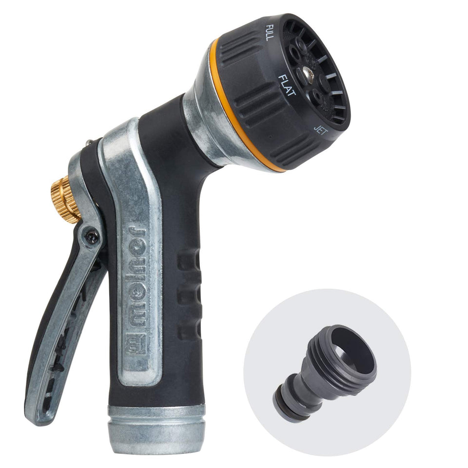 Melnor metal nozzle with quick connect and multi pattern spray for versatile watering.