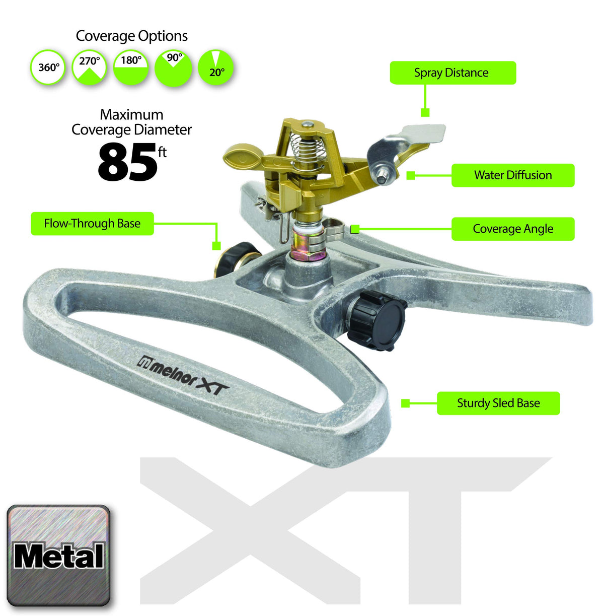 Melnor metal sprinkler head demonstrates durability for long-lasting use.