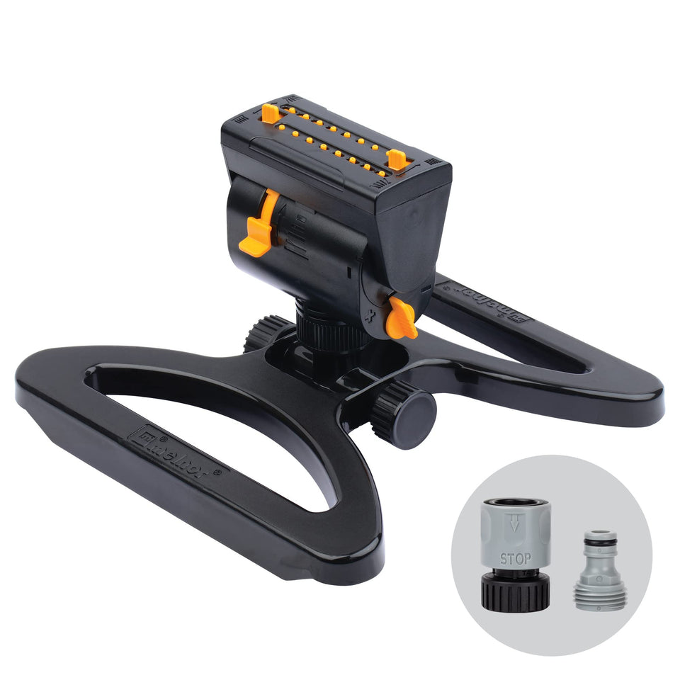 Melnor MiniMax sprinkler coverage demonstrates wide-area watering for large lawns.