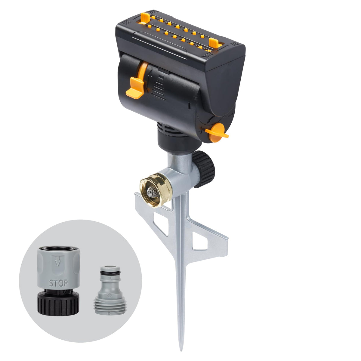 Melnor MiniMax Turbo Sprinkler on step spike delivering wide coverage up to 4,000 sq ft.