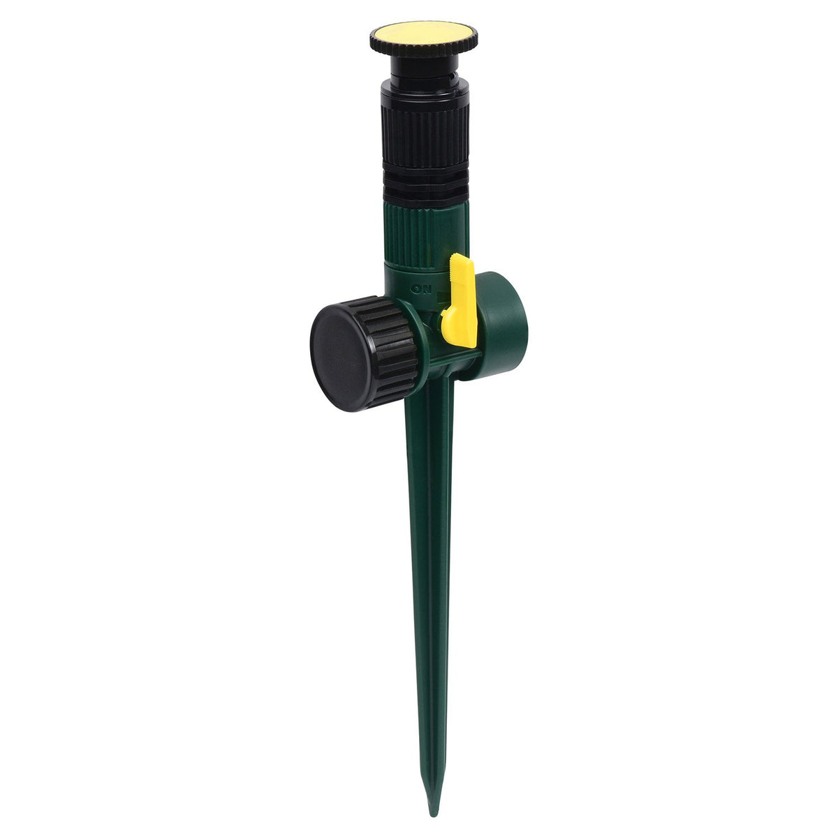 Melnor multi adjustable sprinkler spike with integrated flow control for precise watering.