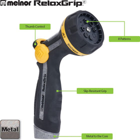 Melnor RelaxGrip pattern dial highlights eight adjustable watering options.