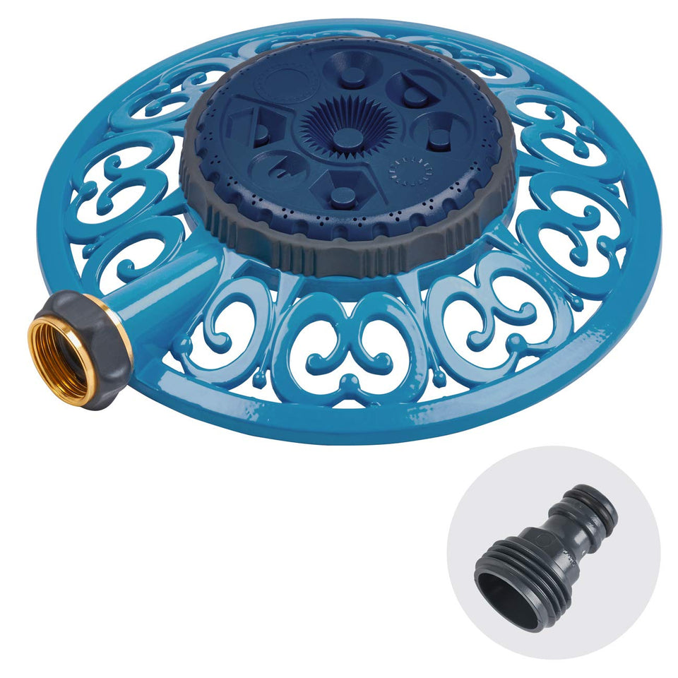Melnor Sprout 8-pattern sprinkler demonstrates versatile watering for irregular lawns