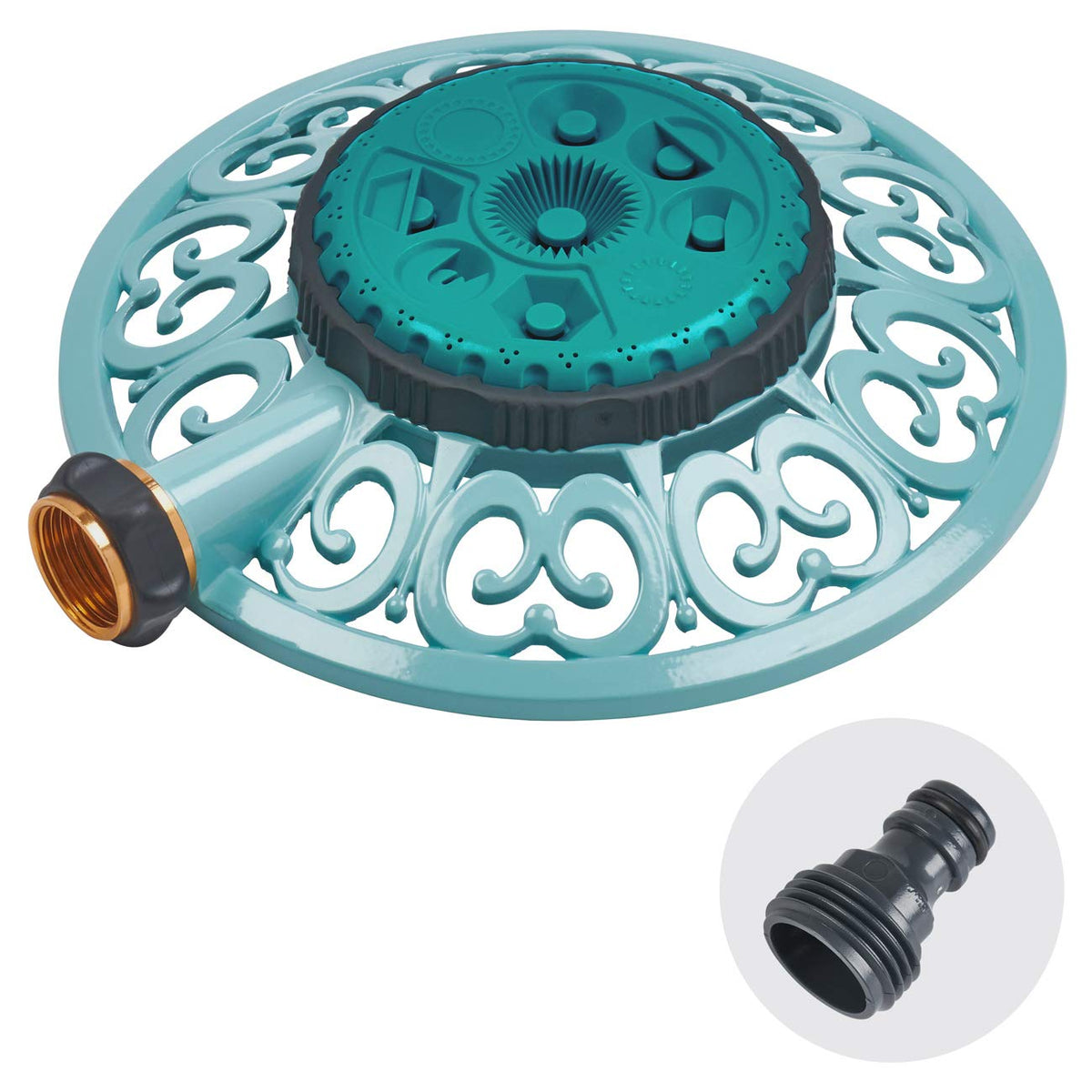 Melnor Sprout metal 8-pattern sprinkler shown for versatile watering.