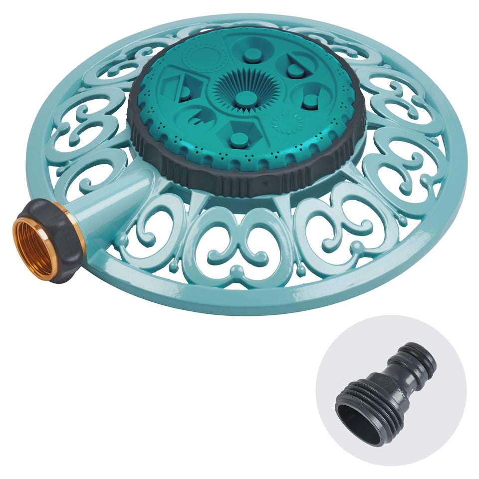 Melnor Sprout metal 8-pattern sprinkler shown for versatile watering.