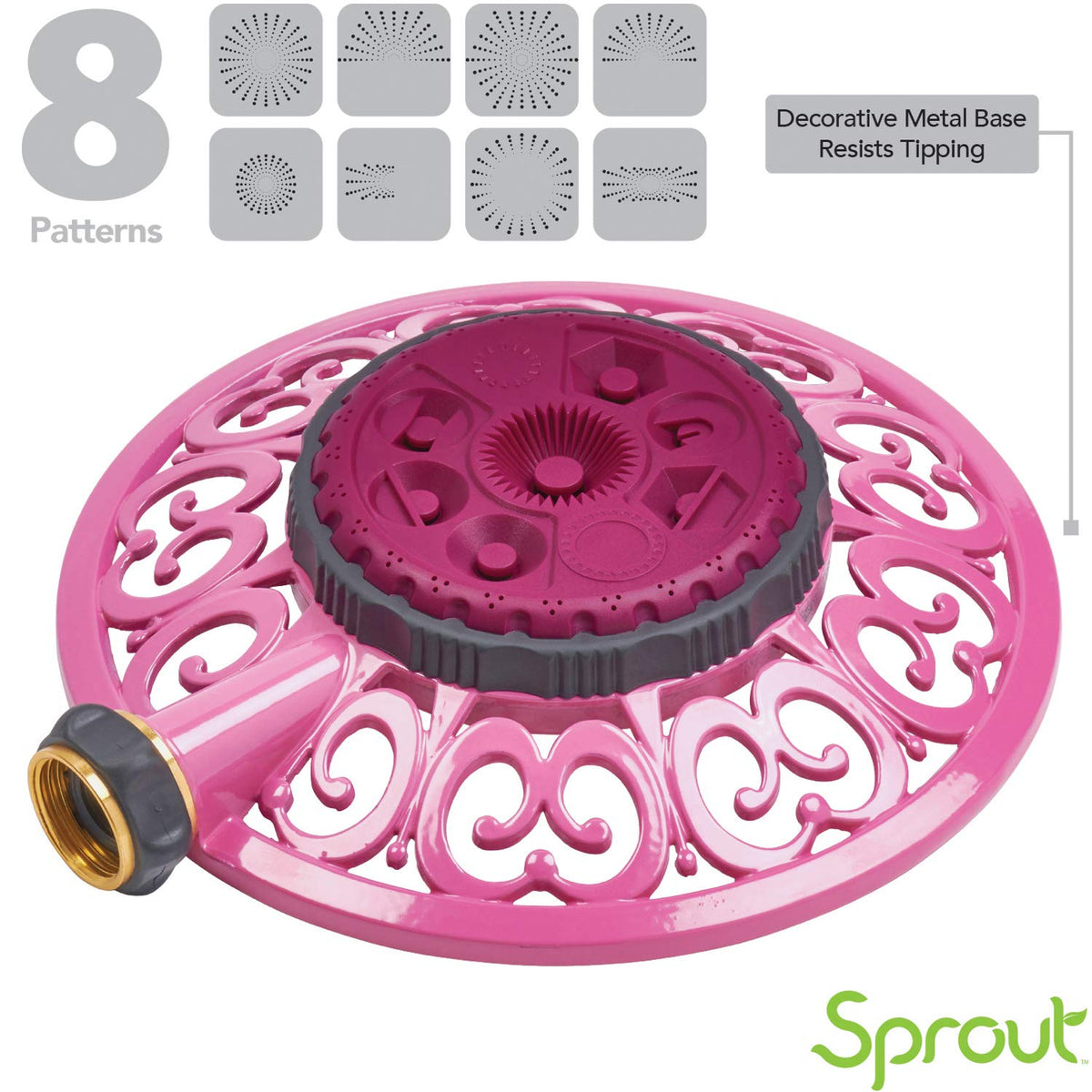 Melnor Sprout raspberry-red sprinkler adds color while watering curved beds.
