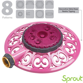 Melnor Sprout raspberry-red sprinkler adds color while watering curved beds.