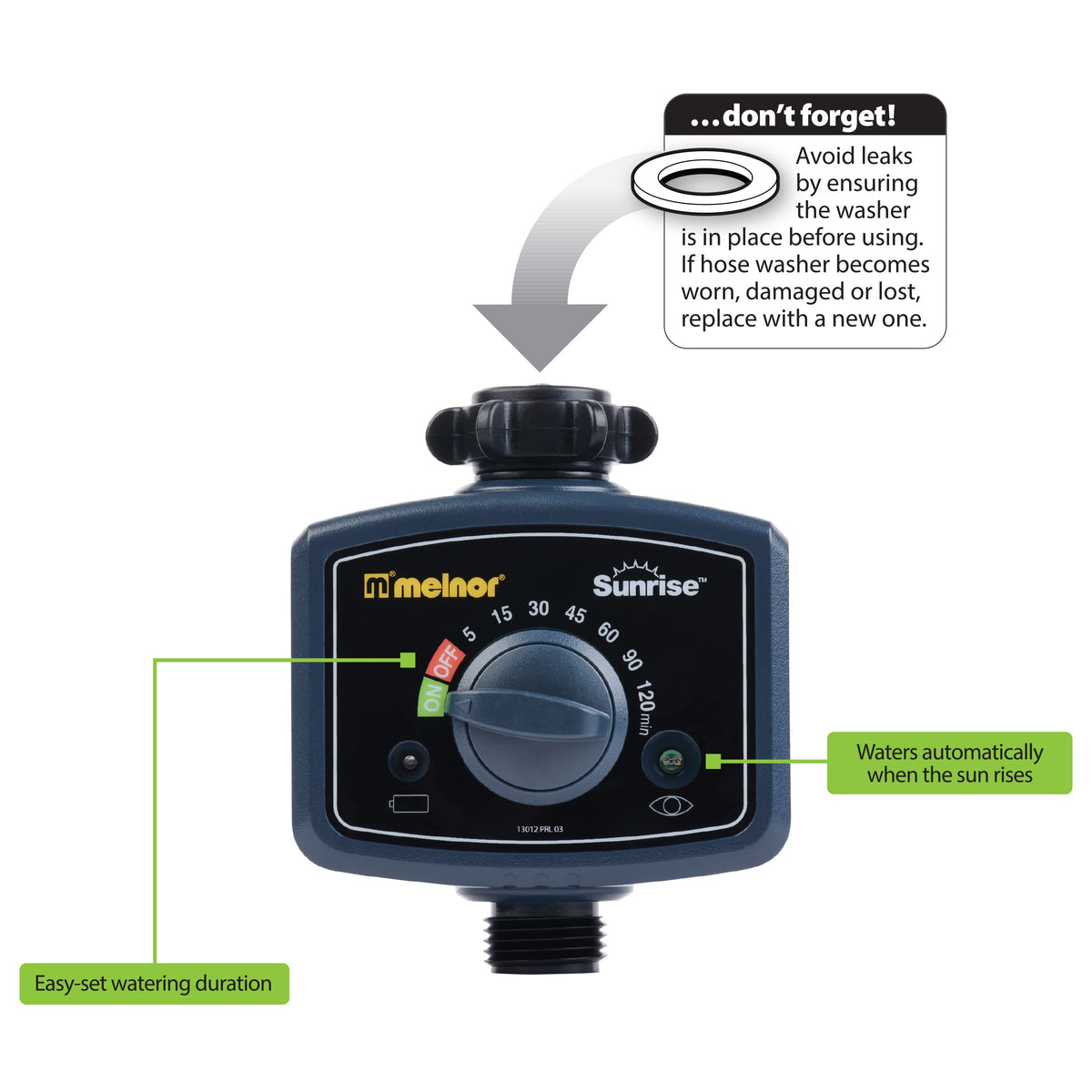 Melnor Sunrise Daily Timer battery compartment highlighting cordless operation