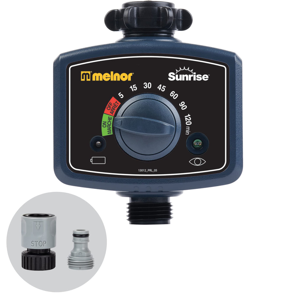 Melnor Sunrise Daily Timer front view showing compact, user-friendly design for morning watering