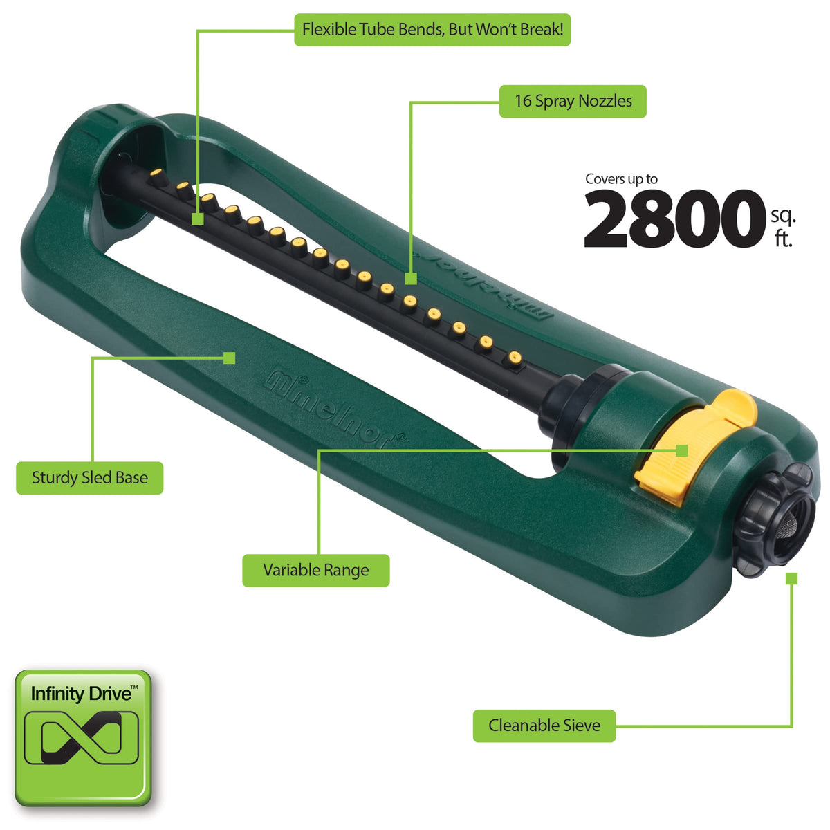 Melnor adjustable range feature lets you target the lawn while avoiding driveways.