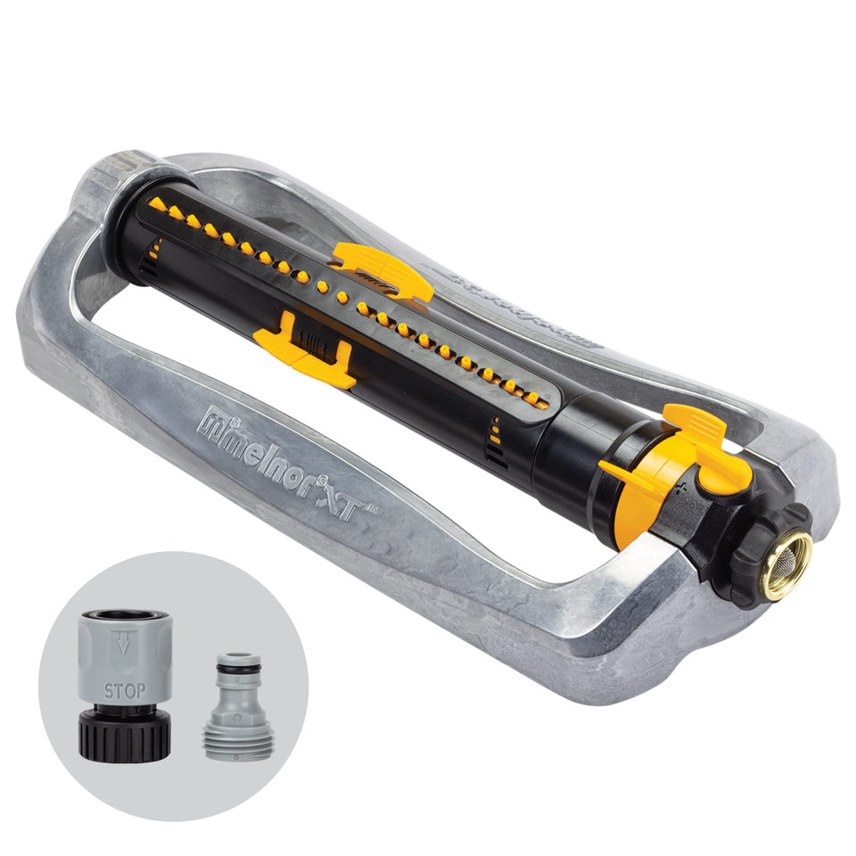 Melnor XT Turbo sprinkler with metal base covers up to 4,500 sq ft for even lawn watering.