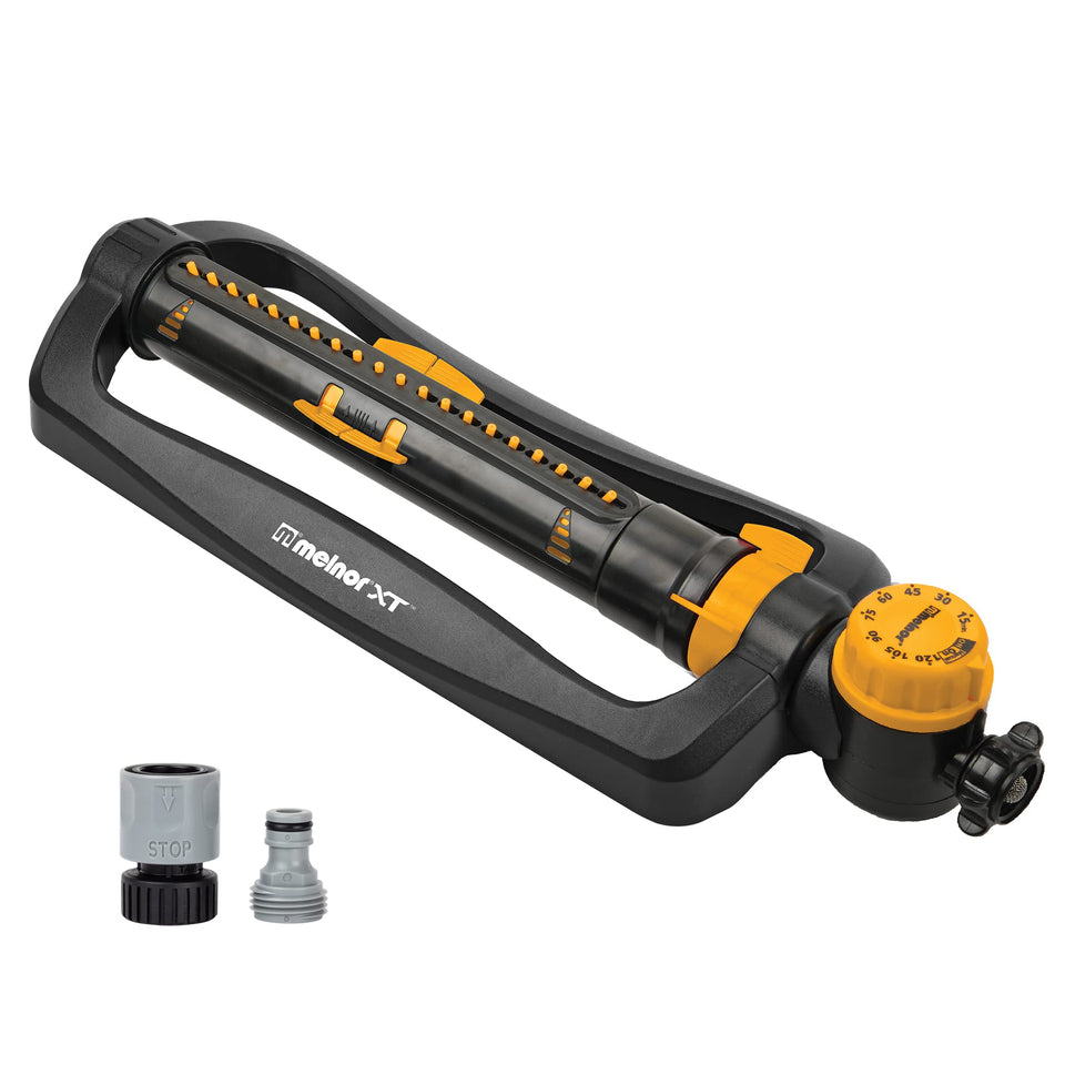 Melnor XT Turbo sprinkler setup shows wide, even coverage