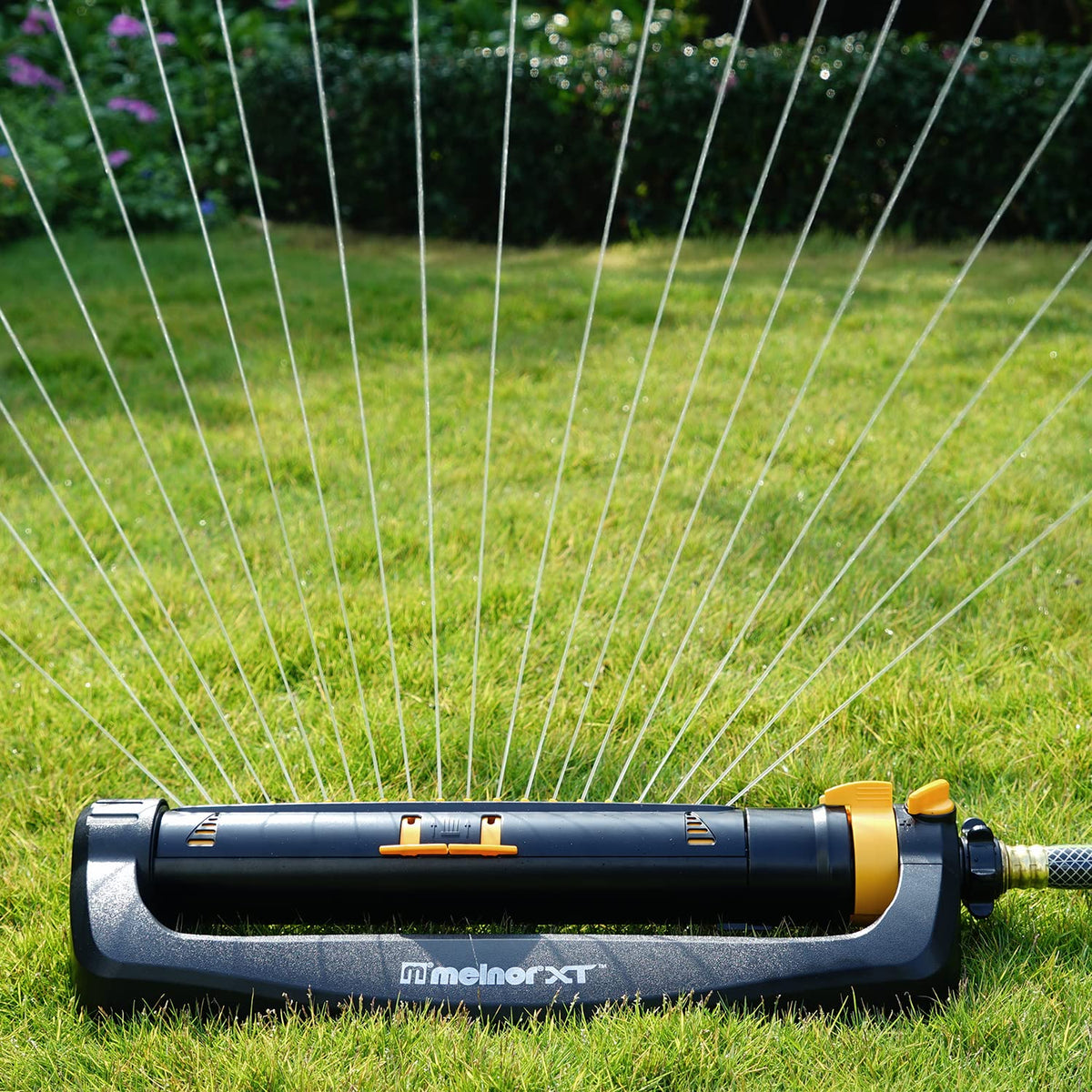 Melnor XT Turbo Sprinkler side controls for quick adjustments.