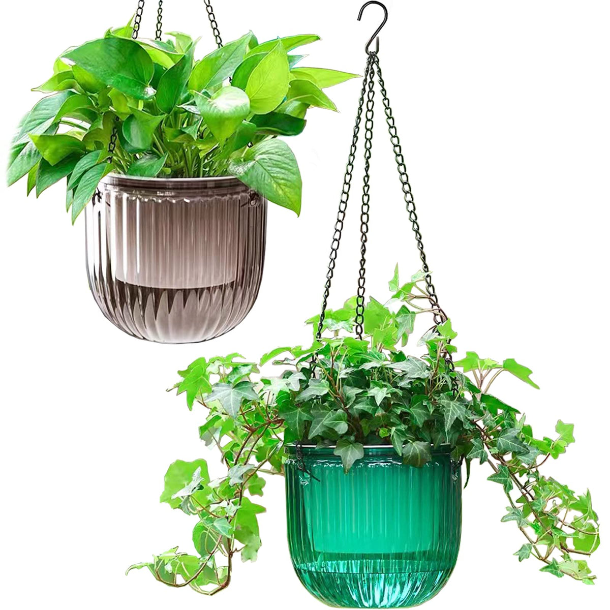 Melphoe 2 Pack self-watering hanging planter emerald keeps soil moist.