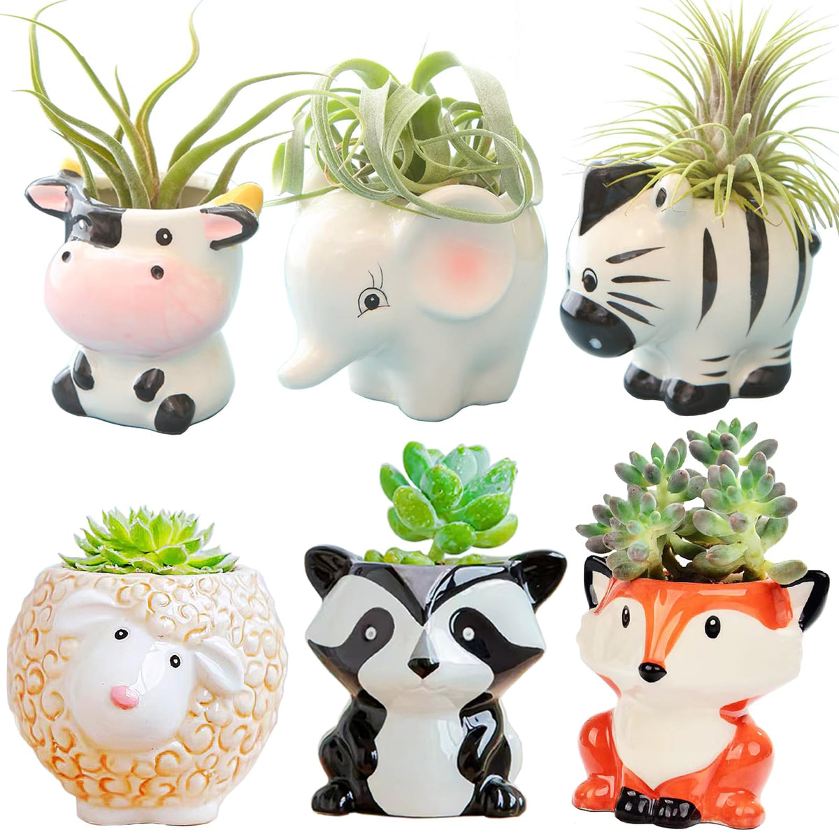 Melphoe animal pot mini ceramic 6pcs set with drainage for tiny plants