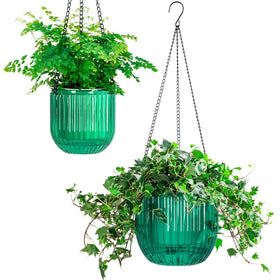 Melphoe self-watering hanging planter in emerald keeps soil moist for weeks