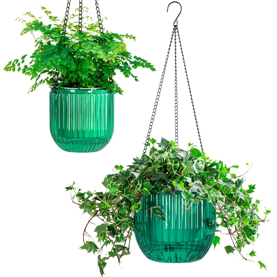 Melphoe self-watering hanging planter in emerald keeps soil moist for weeks