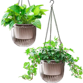 Melphoe self-watering hanging planter gray shows a clear water level for easy monitoring.