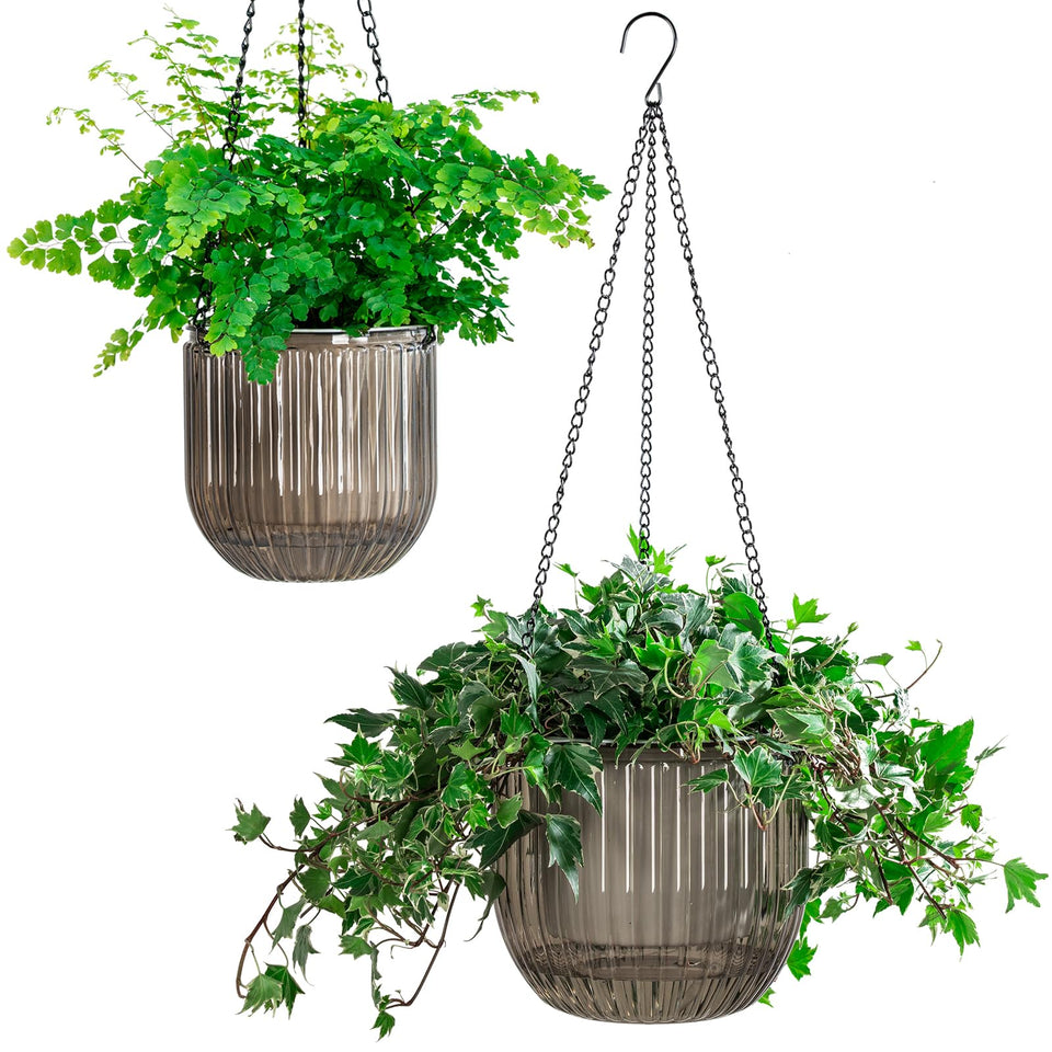 Melphoe self-watering hanging planter with outer basket design keeps soil moist.
